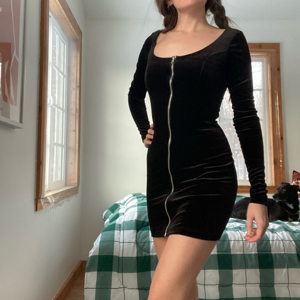 Velvet Zipper Long Sleeve 90s Little Black Mini Dress